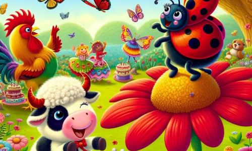 Una mariquita alegre llamada Lila, con un caparazón rojo brillante salpicado de pequeñas manchas negras, está bailando sobre una gran flor colorida, sus antenas vibrantes mostrando su emoción. Junto a ella, un gallo llamativo llamado Ramón, con plumas doradas y rojas, picotea el suelo riendo, mientras que una vaca dulce y redonda, Clara, con pelaje blanco y negro, toca el tambor golpeando sus pezuñas en el suelo. El escenario es un jardín encantador, lleno de flores brillantes de todos los colores, mariposas revoloteando y un viejo roble majestuoso al fondo. La situación principal muestra a Lila y sus amigos celebrando una fiesta alegre, rodeados de dulces y risas, mientras se preparan para ir en busca de un tesoro escondido.