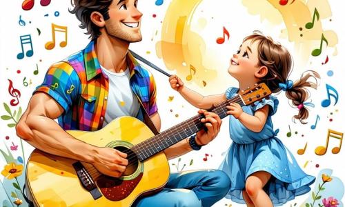 Max, ein Mann in seinen Dreißigern, steht lächelnd im Mittelpunkt des Bildes. Er hat lockige, braune Haare und trägt ein buntes T-Shirt mit Musiknoten. Mit Leidenschaft spielt er seine leuchtend gelbe Gitarre Sunny, während Musiknoten um ihn herum schweben und die Freude an der Musik symbolisieren. Neben ihm steht Mia, ein 8-jähriges Mädchen mit langen, geflochtenen blonden Haaren, die aufgeregt die Hand hebt, ihre Augen strahlen vor Neugier. Sie trägt ein Blumenkleid und steht auf einer grünen Wiese, bereit zu singen. Ben, ein 9-jähriger Junge mit kurzen braunen Haaren, sitzt im Gras, lacht und klatscht im Takt der Musik, mit einem breiten Lächeln auf dem Gesicht. Die Szene spielt in einem sonnigen Schulgarten, der mit bunten Blumen und grünen Bäumen gefüllt ist, während Sonnenstrahlen durch die Blätter scheinen. Im Hintergrund sind Kinder zu sehen, die im Gras sitzen und gebannt Max' Darbietung verfolgen. Die Hauptsituation zeigt Max, der singt und Gitarre spielt, umgeben von Kindern, die fröhlich mit ihm singen und eine Atmosphäre des Glücks und der Kameradschaft schaffen, in der die Magie der Musik alle Herzen vereint.