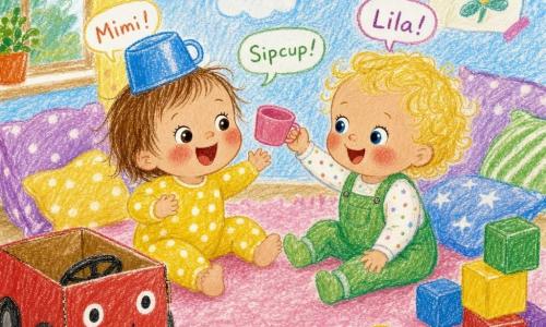 Two toddlers: Mimi, 1 year old, with short brown wispy hair, rosy round cheeks, wearing a yellow polka-dot onesie, sits left with a cup on her head like a hat, laughing with her mouth open; Lila, 1 year old, with short curly blonde hair, round blue eyes, in green overalls, sits right peering into the cup and saying 