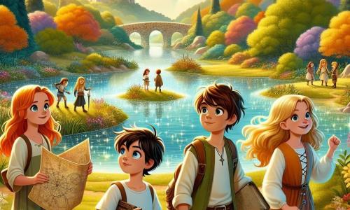 Four eleven-year-old friends stand at the edge of a sparkling lake in the Enchanted Vale. Lily, with autumn-colored hair and curious eyes, holds an ancient map, gazing in wonder at the landscape. Finn, with brown hair and deep blue eyes, stands slightly forward, ready to cross the shining stone bridge to the island. Zara, with golden hair and a joyful face, jumps with excitement, arms raised, surrounded by colorful wildflowers. Jaxon, with brown hair and round glasses, thoughtfully observes the ruins of an ancient castle on the island, standing slightly back. The enchanting valley is bathed in golden light, with majestic trees and a crystal-clear lake reflecting fluffy clouds. In the center, a small island crowned with mysterious, ivy-covered ruins symbolizes their friendship and adventurous spirit as they prepare to discover the hidden treasure.