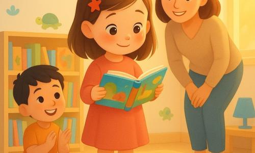 A 6-year-old girl, shy but proud with a slightly flushed face, bright eyes and light brown hair held by a red star barrette, stands on a small soft round rug reading aloud from a colorful open book; a roughly 6-year-old boy with short black hair sits cross-legged to her left, smiling admiringly and applauding gently; a warm-faced female teacher in her 30s stands behind near a light-wood bookshelf, leaning forward slightly with hands clasped; the bright classroom features a large sky-blue round rug, a small blue-lampshade table lamp, a bookshelf full of picture books, animal stickers on the walls and golden sunlight through a window; the scene is a group read-aloud, children forming an attentive circle, the atmosphere tender and warm with small visible emotions.