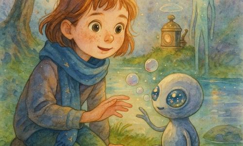 A 10-year-old girl named Mira with a round freckled face and bright hazel eyes, wearing a blue scarf embroidered with tiny comets, kneels on deep green moss, reaching toward a small silver creature; Pebble, a garden-lantern-sized alien with a pebble-smooth body, three thin arms, round glassy eyes and colorful twinkling lights that bubble instead of speak, sits on the moss, while a taller nonhuman named Lilt, with a slender silhouette and translucent, glassy skin, stands by a repaired brass machine with a glass dome emitting thin mist rings, observing gently; the scene is a twilight luminous swamp with velvety moss, a shimmering pond, an old willow, and soft pastel colors (moss greens, lavender blues, warm golds), creating a calm, magical, tender atmosphere.