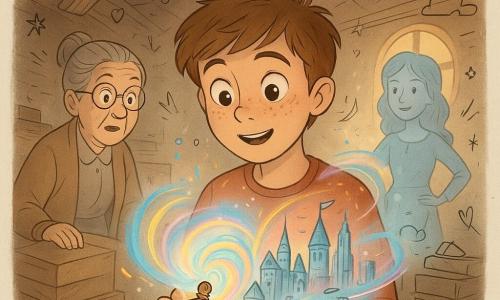 A tearful, amazed 12-year-old boy with a round freckled face, tousled light brown hair and bright wide eyes holds an old pocket watch emitting blue and gold light, his fingers gripping the open cover; behind him stands a kindly surprised 70-year-old grandmother with gray hair in a bun and round glasses, hand on a dusty box beside a stack of cartons; slightly to the boy’s right appears a translucent medieval girl, Elinor, about 11, smiling in a simple dress with hands on her hips like an echo from the past; the scene is an old attic with exposed wooden beams, dust motes in shafts of light, stacked boxes, old books and a round window letting in twilight sunbeams; the boy activates the watch and a spiral of colored light (blue, gold, pale pink) swirls around him, blending past elements (medieval silhouette, torches, stone houses) with future doodles (stylized skyscrapers, floating vehicles) in a clear, magical contrast.