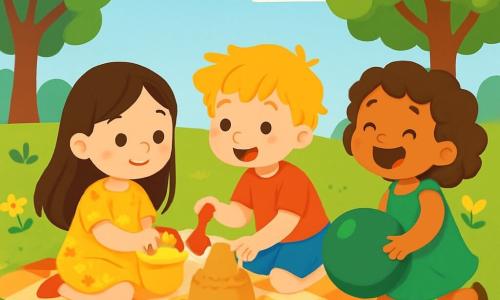 Sunt 3 personaje: - Ana: o fetiță de 5 ani cu părul lung și brunet, purtând o rochie galbenă cu flori. Ea stă pe o pătură de picnic, ținând o găleată galbenă plină cu nisip. - Luca: un băiat de 6 ani cu părul blond și ciufulit, îmbrăcat cu un tricou roșu și o pereche de pantaloni scurți albaștri. El este lângă Ana, folosind o mică lopată roșie pentru a modela nisipul. - Maria: o fetiță de 5 ani cu părul buclat și castaniu, purtând o rochie verde. Ea stă în picioare lângă ei, râzând și ținând o minge mare verde care se rostogolește aproape de pătură. Locul se desfășoară într-un parc însorit, cu copaci verzi luxurianti și flori colorate în jur. Cerul este albastru deschis, presărat cu câteva nori albi pufoși. O pătură mare de picnic este întinsă pe iarba moale. Situația principală arată cei trei prieteni jucându-se fericiți împreună, încercând să creeze un „tort de nisip” în timp ce râd și alergă după mingea care a scăpat. Expresiile de bucurie și complicitate le luminează fețele, în timp ce vântul le face părul să danseze.