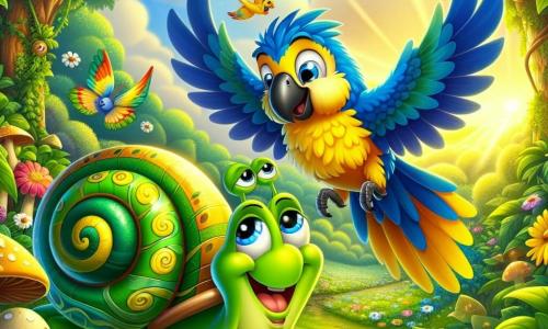 Um pequeno caracol chamado Carlito, com uma concha espiral colorida em verde e amarelo, expressa uma grande alegria com seus olhos brilhantes e um sorriso largo, parado no meio de uma linda pradaria. Ao seu lado, uma arara vibrante e alegre, chamada Azulita, com penas azul-vivo e amarelas, voa em círculos ao seu redor, rindo e encorajando Carlito em sua aventura. Ao fundo, um jardim encantador se estende, cheio de folhas luxuriantes, flores vibrantes e cogumelos de formas divertidas, banhado pela luz dourada do sol poente. A cena mostra Carlito e Azulita descobrindo juntos o Jardim das Delícias, maravilhados com a beleza ao seu redor, prontos para explorar este lugar mágico.