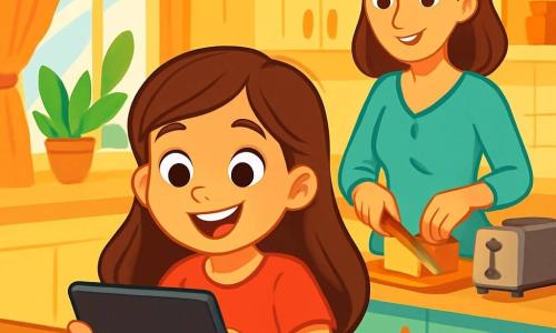 Uma menina de 8 anos, Clara, com longos cabelos castanhos e olhos brilhantes de curiosidade, está sentada a uma mesa de madeira em uma cozinha iluminada. Ela sorri entusiasticamente, segurando um tablet nas mãos, com as bochechas levemente rosadas de excitação. Ao lado dela, sua mãe, uma mulher na casa dos trinta anos com cabelos castanhos e um sorriso acolhedor, prepara o café da manhã na bancada, enquanto observa Clara com carinho. A cozinha é espaçosa e acolhedora, com paredes amarelas ensolaradas, plantas verdes na janela e raios de luz filtrando através das cortinas. A cena principal mostra Clara, cheia de energia, pensando nas diferentes atividades que poderia fazer com sua tela, cercada pelo delicioso aroma de pão tostado e frutas frescas.