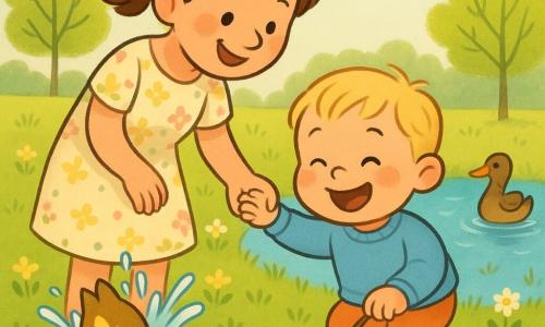 A joyful 2-year-old boy with rosy cheeks and short blond hair, wearing a soft blue sweater and yellow shoes, laughing and drawing a smiling face in the soil with a stick; his mother, about 30–35, fair-skinned with chestnut hair in a ponytail and a light floral dress, stands beside him holding his hand and smiling tenderly; two yellow-and-brown ducks by a small pond—one splashing as it dives, the other swimming calmly; spring morning with dewy green grass, small yellow flowers and daisies, a tranquil blue-reflecting pond, young light-green trees and a pale blue sky with soft sun; bright atmosphere, vivid colors, soft textures, composition centered on the mother-and-child pair in front of the pond.