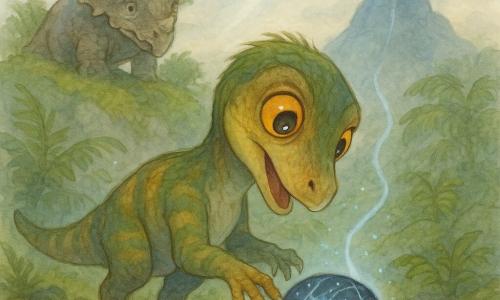 Un tânăr velociraptor curios, cu ochi mari chihlimbarii și penaj verde-mușchi cu dungi ocres, atinge cu laba o piatră rotundă neagră cu vene albastre palide care emite o lumină blândă, în timp ce un tricerațops bătrân și binevoitor, cu plăci cenușii, îl supraveghează de pe o movilă acoperită de mușchi într-o poiană de ferigi și stânci mușcate, cu ceață fină și un munte de obsidian la depărtare, scena sugerând o descoperire minunată: velociraptorul ascultă piatra cântătoare pe măsură ce lumina albastră formează o bandă descendentă și tricerațopsul veghează de sus.