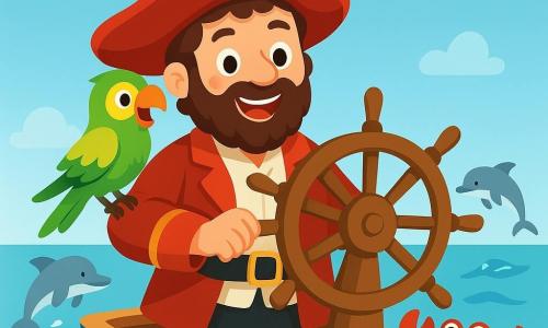 A cheerful pirate man, Captain Milo, wears a large red hat adorned with a golden feather. He has curly brown hair and a well-groomed beard. He firmly holds the steering wheel of his small blue boat, his eyes sparkling with excitement. Beside him, Lulu, a colorful parakeet with green and yellow feathers, perches on his shoulder, enthusiastically shouting 
