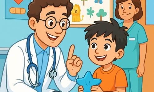 Dr. Tom, a friendly and warm male doctor, wears a spotless white coat and a blue stethoscope around his neck. He has slightly curly brown hair and round glasses that give him a friendly appearance. He is crouched next to an 8-year-old boy, Max, who has messy black hair and a bright smile, holding a star-shaped ice pack. In the room, a middle-aged nurse, Mrs. Patel, with brown hair and a kind smile, stands by the door, watching the scene with pride. The scene takes place in a bright and welcoming examination room, with light blue walls, colorful health posters, and a large board with children's drawings. Dr. Tom explains to Max the importance of sleep for staying healthy, while Max listens attentively, his eyes sparkling with excitement.