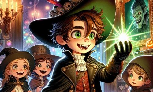 Un niño de 10 años, Lucas, con cabello castaño desordenado y ojos brillantes de curiosidad, lleva un viejo disfraz de pirata con un gran sombrero y un parche en el ojo. Se encuentra en el centro de la escena, sonriendo ampliamente y sosteniendo un gran caramelo en forma de estrella que brilla intensamente. A su lado, Clara, una niña de 9 años disfrazada de vampiro con una capa negra y dientes afilados, mira a Lucas con admiración, sus ojos llenos de emoción. Diego, un niño de 10 años disfrazado de monstruo con piel verde y garras, se queda un poco atrás, sosteniendo una linterna que ilumina su camino, mostrando una expresión decidida. La escena tiene lugar dentro de una casa embrujada, con paredes adornadas con telarañas, cuadros espeluznantes y un gran espejo que refleja sombras misteriosas. Luces titilantes crean una atmósfera mágica y ligeramente inquietante. Lucas, Clara y Diego están en una búsqueda para encontrar el caramelo mágico, rodeados de risas de niños fantasmas y un ambiente de misterio, listos para descubrir los secretos ocultos de la casa.