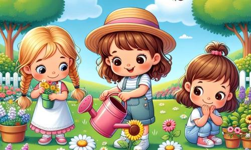 En un jardín colorido, tres niñas están jardineando. Lucía, de 7 años con cabello castaño y trenzas, lleva un sombrero de paja y riega flores amarillas con un pequeño regador rosa. Junto a ella, María, de 6 años con cabello rubio y rizado, planta semillas de girasol, sonriendo ampliamente. Finalmente, Ana, de 5 años con cabello castaño y una pequeña coleta, está agachada, observando una mariposa que vuela a su alrededor, maravillada. El jardín está lleno de flores brillantes: margaritas blancas, lavandas violetas y girasoles dorados que se mecen suavemente con el viento. Los árboles verdes rodean el jardín, y el cielo es de un azul brillante, salpicado de algunas nubes esponjosas. Las tres amigas se divierten regando y plantando flores, riendo y maravillándose de la belleza de la primavera que las rodea.