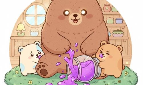 Un mare urs brun pufos cu blană texturată și ochi rotunzi zâmbitori, ghemuit și întinzând o labă spre un borcan de gem stropit, un pui Puf mai mic, crem cu pete albastre, cu expresie vinovată și uimită lingând colțul borcanului răsturnat în stânga, și un pui Dodi minuscul, caramela, rotund, cu sprâncene încruntate dar amuzate, împingând ușor borcanul din dreapta cu o labă și având gem strălucitor pe bot; borcanul de sticlă răsturnat în centru, capac argintiu în aer, gem violet fosforescent țâșnind în stropi și picături pe un covor gros de mușchi verde cu fibre vizibile și mici flori galbene; fundalul arată o vizuină din lemn deschis cu raze blânde de soare printr-o fereastră rotundă și rafturi simple cu alte borcane; scenă comică cu dezordine de gem, culori vii (violet, verde, maro) și compoziție centrată cu cei trei urși apropiați și expresii dinamice.