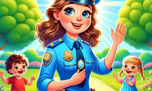 Una poliziotta sorridente, Anna, è in piedi al centro della scena. Indossa una uniforme blu brillante, con un distintivo lucido sul petto. I suoi occhi brillano di gentilezza e ha un grande sorriso caloroso. Tiene un piccolo cartello "Fermati" con una mano, mentre l'altra è alzata per salutare dei bambini. Alla sua destra, un ragazzo di 6 anni, con capelli castani e ricci, guarda Anna con ammirazione. Indossa una maglietta rossa e pantaloni corti blu. Alla sua sinistra, una ragazza di 5 anni, con trecce bionde e un vestito rosa, applaude gioiosamente, con gli occhi brillanti di eccitazione. La scena si svolge in un parco soleggiato, con grandi alberi verdi, fiori colorati e un sentiero di ghiaia. I bambini giocano intorno a loro e una panchina di legno è visibile sullo sfondo. Anna spiega ai bambini l'importanza della sicurezza e della gentilezza, mentre loro la ascoltano attentamente, catturati dal suo discorso. L'atmosfera è gioiosa e piena di energia, con risate e sorrisi ovunque.