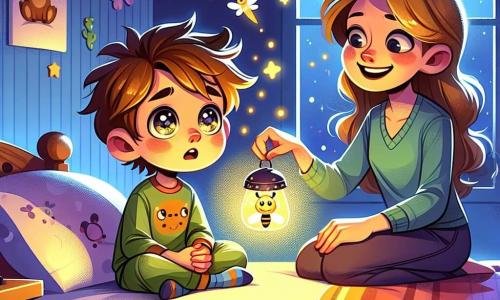 Un ragazzo di 8 anni, con i capelli castani disordinati e occhi pieni di curiosità, è seduto sul suo letto. Il suo viso esprime una leggera preoccupazione, ma anche meraviglia. Tiene in mano una lampada a forma di lucciola, che illumina dolcemente la sua stanza. Accanto a lui, sua madre, una donna sorridente di circa trent'anni con lunghi capelli ondulati, lo incoraggia con uno sguardo caloroso. La stanza è decorata con poster di animali e stelle fosforescenti sul soffitto, creando un'atmosfera dolce e rassicurante. La luce della lampada proietta ombre danzanti sulle pareti, aggiungendo un tocco di magia alla scena. Sebbene leggermente preoccupato, il ragazzo inizia a sentirsi più coraggioso tenendo la sua lampada, pronto ad affrontare la notte. La madre gli parla con tenerezza, creando un momento di connessione tra di loro.