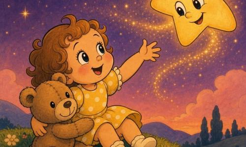 Bambina di 2 anni sorridente e meravigliata, capelli castano chiaro ricci, guance rosate, occhi grandi brillanti, veste un vestitino giallo a pois bianchi e calzini bassi; seduta su una dolce collina erbosa al crepuscolo, guarda il cielo e tende la mano verso una grande stella lucente con volto sorridente e leggere scie dorate che si protende verso di lei; alla sua sinistra un orsacchiotto marrone chiaro, consumato, con sorriso cucito e una zampa sul suo ginocchio; poche fiori semplici, sagome di colline lontane e un cielo sfumato rosa-viola punteggiato di stelline completano un’atmosfera calda, luminosa, poetica e rassicurante.