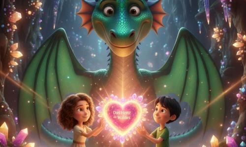 Ein großer Drache namens Eldorin mit sanftem Gesicht und wohlwollenden Augen, schimmernden Smaragd- und Saphirschuppen und halb entfalteten, lichtreflektierenden Flügeln wacht lächelnd im Hintergrund, während das etwa neunjährige Mädchen Leni mit braunen Locken in einem cremefarbenen Kleid und der gleichaltrige Junge Max mit kurzem schwarzem Haar und grünem T‑Shirt hinknien und Händchen haltend eine schwebende, pulsierende Herz-Sphäre aus rosa-bernsteinfarbenem Licht berühren; die Kugel ist von bunten Kristallen umgeben, die Höhle ist von funkelnden Kristallwänden, Stalaktiten, feuchtem Boden mit kleinen Pfützen und leichtem Dampf geprägt, und gold-rosa Strahlen des Herzens tauchen die Szene in eine warme, magische und triumphale Stimmung.