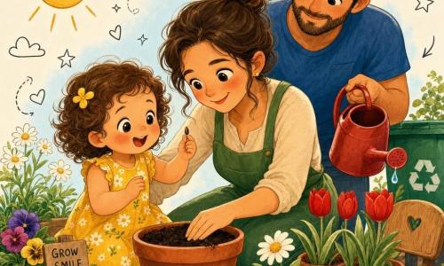 Uma menina de 2 anos, cabelos castanhos encaracolados, vestida com um vestido amarelo florido, segura uma pequena semente entre o polegar e o indicador e a observa sorridente; a mãe (cerca de 30 anos), cabelo preso em coque, pele clara e avental verde, ajoelhada ao lado, orienta sua mão e sorri; o pai (cerca de 32 anos), barba curta e camiseta azul, está atrás com um regador vermelho pronto para molhar. No jardim ensolarado há terra escura, vasos de terracota, flores coloridas e uma pequena cadeira de madeira; a cena mostra mãe e filha plantando a semente enquanto o pai prepara uma gota de água. Cores vivas, texturas visíveis, luz quente de fim de tarde, estilo ilustrativo infantil com traços arredondados e contornos grossos, com pequenos doodles ao redor.