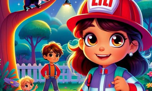 Lili, una joven bombera con una cálida sonrisa y ojos brillantes de emoción, lleva un casco rojo brillante y una chaqueta roja que brilla bajo la luz de la luna. Se sostiene orgullosamente junto a un gran árbol, levantando los brazos con determinación para animar a un pequeño gato negro que está en una rama alta. Pablo, un niño de 8 años con cabello castaño y ojos redondos, mira a Lili con admiración, con las manos en las caderas, de pie en el suelo, un poco atrás, rodeado de algunos amigos curiosos. La escena transcurre en un jardín verde, iluminado por la suave luz de la luna, con flores coloridas y estrellas brillantes en el cielo nocturno. Lili, lista para salvar al pequeño gato, sonríe con confianza, mientras el gato maúlla suavemente, un poco asustado, agarrado a su rama, creando una atmósfera de aventura y camaradería.