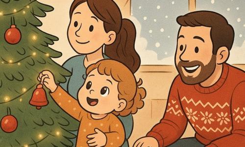 A joyful, intimate scene of a family decorating a Christmas tree: a 2-year-old girl with light brown curly hair and rosy cheeks reaches for a small red bell on a branch while her mother (about 30, long brown hair in a ponytail) holds her and guides her hand to the bell on the left; the father (about 32, short beard, red Christmas sweater) crouches to the right near a wooden toy train circling the tree base, laughing; warm living room with a large green tree decorated with red and gold baubles and twinkling lights, a cream rug, a frosted window with falling snow, and a plate of star-shaped cookies on the coffee table.