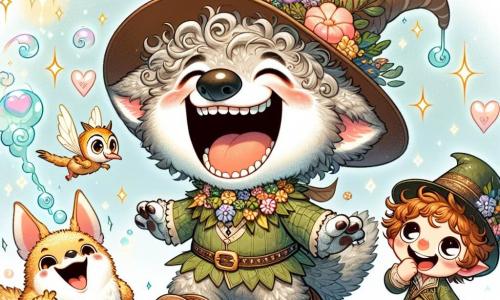 No centro da imagem, um duende alegre chamado Zico, com um corpo de lobo peludo e grandes olhos redondos como os de uma coruja, está rindo alto. Ele usa um chapéu colorido adornado com flores e roupas feitas de folhas e flores, cercado por uma aura de magia cintilante que revela sua felicidade contagiante. À sua direita, Pipoca, um pequeno duende com um chapéu de palha oversized e cabelos cacheados, ri tanto que está com lágrimas nos olhos. Ele veste uma túnica verde e sapatos de couro, inclinado para frente, rindo da piada de Zico. À esquerda, Fumaça, um dragão miniatura com escamas brilhantes e asas translúcidas, está soltando bolhas de fumaça em forma de corações e estrelas, enquanto ri. Seus olhos brilham de travessura e ele parece prestes a voar de alegria. A cena ocorre na Floresta das Risadas, uma floresta encantada onde as árvores têm rostos sorridentes e as flores dançam ao vento. Cores vibrantes iluminam a paisagem, com riachos cintilantes e cogumelos multicoloridos. A situação principal mostra Zico, Pipoca e Fumaça reunidos em torno de um grande painel anunciando o "Concurso de Piadas de Terraluz", todos rindo juntos, compartilhando piadas e criando uma atmosfera de alegria e amizade.