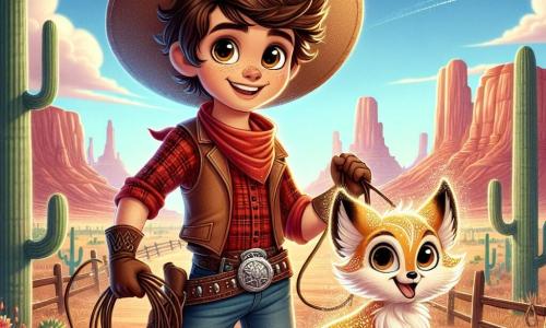 Um jovem cowboy, Lucas, um homem de cerca de 20 anos, com um amplo chapéu de palha, cabelos castanhos bagunçados e um sorriso corajoso, está no centro da imagem. Ele usa uma camisa xadrez vermelha e um colete de couro, segurando um laço na mão direita, pronto para agir. Seus olhos brilham de excitação e determinação. Ao seu lado, a Raposa Dourada, uma pequena criatura mágica com pelagem dourada brilhante e olhos travessos, observa Lucas com admiração, empoleirada em uma pedra, pronta para ajudá-lo em sua aventura. Ao fundo, a paisagem do Velho Oeste se estende com montanhas majestosas, cactos sob um céu azul radiante e um oásis cintilante ao longe, cercado por palmeiras verdes. A cena representa Lucas e a Raposa Dourada preparando um plano audacioso para defender o oásis contra uma gangue de bandidos, com respingos de água e risadas ao fundo, ilustrando o espírito de aventura e camaradagem.