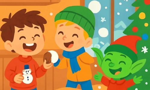 Er zijn 3 personages: - Max: een 7-jarig jongen met rommelig bruin haar en sprankelende ogen. Hij draagt een rode trui met een sneeuwman en gestreepte sokken. Hij lacht terwijl hij een koekje in zijn hand houdt. - Finn: een 6-jarig jongen met blond haar en roze wangen. Hij draagt een groene muts en een blauwe sjaal. Hij gooit een sneeuwbal naar Pepijn met een grote glimlach op zijn gezicht. - Pepijn: een ondeugende elf, klein en speels, met groene huid, puntige oren en een grote glimlach. Hij draagt een rode kostuum en een kleine zwarte riem. Hij springt van blijdschap, omringd door sneeuwvlokken. De locatie is een warme keuken versierd voor Kerstmis, met een grote houten tafel vol koekjes, fonkelende lichtslingers en een raam met uitzicht op een besneeuwd landschap. Sneeuwvlokken vallen zachtjes naar buiten en een verlichte kerstboom staat in een hoek, vol kleurrijke versieringen. De hoofdscène toont Max en Finn die lachen en spelen in de sneeuw, terwijl Pepijn, de ondeugende elf, grimasen trekt en sneeuwvlokken naar hen gooit. De sfeer is vrolijk en feestelijk, vol gelach en kerstmagie.