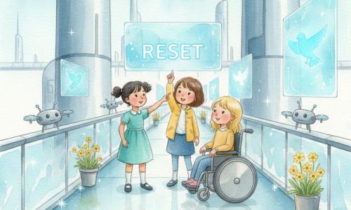 Three 3-year-old girls on a wide pedestrian bridge called the Blue Skywalk: Mila (short brown hair, small yellow jacket) stands center and presses a large glowing blue "RESET" button on a floating screen with her little finger; Noor (black pigtails, turquoise dress) stands left pointing at a faltering holographic bird; Elsie (blond, in a small gray wheelchair with smooth wheels) sits right smiling at the scene, the bridge has a soft blue nightlight-like floor, glass railings, silver towers and blurred holographic panels in the background, small drones and potted flowers along the walkway, and at the moment the bird flickers then relights when touched by the button, soft lighting casts blue reflections on the girls' faces, creating a calm, futuristic mood of safety and wonder