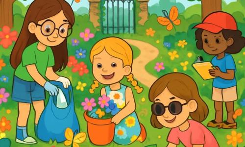 There are 4 children: Mia, a 9-year-old girl with long brown hair and round glasses, wearing a green t-shirt and denim shorts, picking up trash in the garden; Zoe, an 8-year-old girl with braided blonde hair and a bright smile, wearing a colorful floral dress and holding a bucket full of flowers, planting a new flower next to Mia; Lila, a 9-year-old girl with brown hair and sunglasses, dressed in a pink t-shirt and shorts, crouched down observing a small ladybug on a leaf; and Emma, an 8-year-old girl with curly hair and a red cap, wearing a blue t-shirt and sandals, standing a bit further away taking notes in a notebook. The main setting is a secret garden filled with colorful flowers, lush bushes, and majestic trees, with colorful butterflies flying around and a small dirt path winding through it, bordered by stones. In the background, an old wrought-iron gate covered in ivy adds a touch of mystery to this enchanting place. The main scene shows the children happily and energetically cleaning the garden while discovering the beauty of nature around them, working together to pick up trash and plant flowers, creating a joyful and colorful environment.