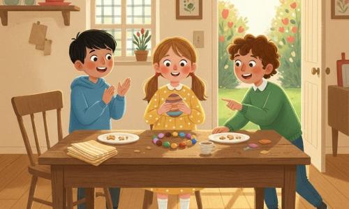 Three children gathered around a wooden kitchen table: Mina, about 10, light brown hair in two braids, wearing a yellow polka-dot dress, holds a painted wooden egg like a small planet at the center with an amazed look; Tomas, about 10, short black hair, blue sweatshirt, stands left of Mina, applauding with a big smile and one hand on a chair back; Arlo, about 10, curly brown hair, green sweater, stands right of Mina, leaning forward excitedly pointing at the egg. The warm cream-walled kitchen has morning sunlight through a paned window casting golden bands on the wooden floor; the table holds stacked folded napkins, plates with a few bunny-cookie crumbs and colorful chocolate eggs arranged in a ring around the wooden egg. In the background an open shelf with glass jars, a red teapot, and a partly open door showing a flowered garden. The scene is collective wonder, gentle gestures and happy expressions, painted in gouache with warm colors, visible brush textures, strong light contrasts and soft shadows under the table.