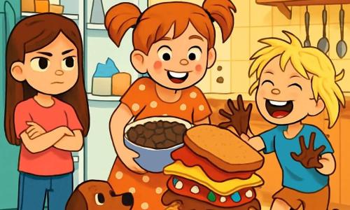There are three characters: - Mia: a 10-year-old girl with long, neatly styled brown hair, wearing a pink t-shirt and jeans. She stands on the left, arms crossed, with a serious expression on her face. - Zoe: a 10-year-old girl with red pigtails, sprinkled with chocolate stains, dressed in a polka dot dress. She is in the center, smiling, holding a large bowl full of cookie and chocolate mix. - Lily: a 9-year-old girl with messy blonde hair, wearing mismatched socks and a blue t-shirt. She is on the right, laughing loudly, with chocolate-covered hands, ready to slide on the kitchen floor. The scene takes place in a bright and colorful kitchen, with yellow walls and cheese-shaped tiles. The floor is covered in crumbs and chocolate drops, and a large, brightly colored fridge is open, releasing a sweet smell. Plates and utensils are scattered around, creating a cheerful mess. The main situation shows the three sisters preparing a giant, colorful sandwich with layers of jam, cheese, candy, and spaghetti. The sandwich is unstable, leaning to one side, while laughter echoes in the kitchen, and the family dog approaches, curious about the commotion.