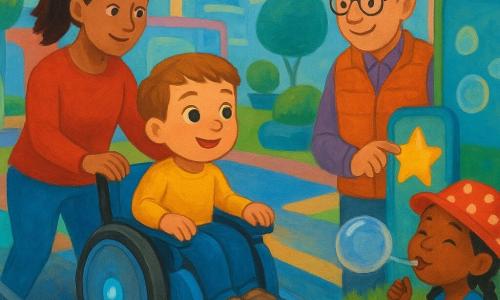 Un bambino di 4 anni dagli occhi grandi e curiosi, capelli castano chiaro tagliati a caschetto, volto sorridente e un po’ meravigliato, seduto su una piccola sedia a rotelle auto‑bilanciante lucida con la mano sul cuscino morbido, guarda avanti; la madre (30–35 anni) con capelli castani raccolti in coda di cavallo, espressione dolce e rassicurante, è in piedi dietro tenendogli la mano; un uomo di circa 50 anni (Lio) con gilet arancione e occhiali tondi sorride premendo un pulsante a forma di stella su un pannello luminoso; una bambina di 6 anni con cappello a pois e trecce nere ride soffiando bolle giganti seduta su un prato a destra; ambientazione su un ponte tra moduli colorati di una città futuristica, pavimento liscio con linee luminose blu, vaschette verdi e pannelli trasparenti, edifici modulari pastello sullo sfondo; la sedia sale dolcemente la rampa, luce anteriore azzurra, scena di movimento calmo, sicurezza e gioia, atmosfera luminosa e accogliente; stile pittura acrilica, colori vivaci, tratti morbidi e texture di pennellata, composizione centrata sul bambino e sulla sedia.