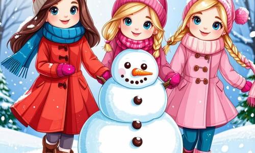Three girls, Lily, Mia, and Sophie, are at the center of the image. Lily, 8 years old, has long brown hair and wears a bright red coat with a blue scarf. She is rolling a large snowman. Next to her, Mia, also 8, has braided blonde hair and wears a pink coat with a matching hat. She smiles while holding a carrot for the snowman's nose. Finally, Sophie, 7, has brown hair and wears a purple coat with green gloves. She is gathering branches for the snowman's arms. The scene is set in a magical winter park, with snow-covered trees and a clear blue sky. The ground is covered in thick snow, and in the distance, there is a small hill perfect for sledding. The main scene shows the three friends building a snowman, laughing and having fun together in a joyful winter atmosphere.