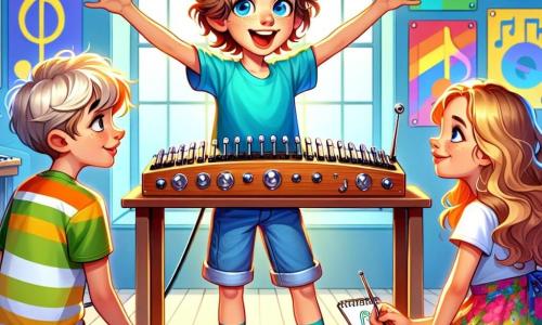Un băiat de 12 ani, Andrei, cu părul brun și ochi strălucitori de curiozitate, stă în fața unui theremin, cu brațele ridicate entuziast, un zâmbet mare iluminându-i fața. Poartă un tricou albastru și o pereche de pantaloni scurți din denim, iar expresia lui este de bucurie și uimire. Lângă el, Mara, o fată de 11 ani cu părul lung și ondulat, îmbrăcată într-o rochie cu flori colorate, îl observă cu admirație, cu mâinile pe șolduri. Radu, un băiat de 12 ani cu ochelari rotunzi și părul blond, stă pe o bancă, cu un carnet de schițe pe genunchi, schițând note muzicale și forme inspirate de melodie. Scena are loc într-o sală de muzică luminoasă, cu pereții decorați cu postere colorate de note muzicale și instrumente variate, iar razele de soare pătrund prin feronerie, iluminând spațiul. În centrul atenției, thereminul emite unde sonore vizibile sub formă de linii colorate în aer, creând o atmosferă magică și dinamică. Andrei, captivat de muzică, explorează sunetele mișcându-și mâinile, în timp ce prietenii săi îl încurajează, creând un moment de prietenie și descoperire.