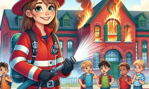 Im Mittelpunkt des Bildes steht eine Feuerwehrfrau namens Anna, die mit einem herzlichen Lächeln in einer leuchtend roten Uniform und einer Feuerwehrmütze gekleidet ist. Ihre braunen Haare sind zu einem Pferdeschwanz gebunden, und sie hält einen großen Feuerwehrschlauch, um mit Entschlossenheit ein kleines Feuer zu löschen. Rechts von ihr steht ein etwa 8-jähriger Junge namens Tim mit zerzausten blonden Haaren und einem bewundernden Gesichtsausdruck. Er hält einen kleinen Schlauch und versucht, ihr beim Löschen des Feuers zu helfen. Er trägt ein blaues T-Shirt und Shorts und steht auf Zehenspitzen, um Anna bewundernd anzusehen. Links steht ein 7-jähriges Mädchen namens Lisa mit braunen Haaren und einer Brille, das die Szene mit großen Augen beobachtet. Sie trägt ein rosa Kleid und hält einen kleinen Eimer Wasser, bereit zu helfen. Die Szene spielt vor einer alten Schule mit roten Backsteinmauern und grünen Fensterläden. Rauch steigt von einem kleinen Feuer auf dem Boden auf, während neugierige Kinder abseits stehen und mit aufgeregten und besorgten Gesichtsausdrücken beobachten. Die Hauptsituation zeigt Anna, die Feuerwehrfrau, die mit Hilfe der Kinder ein kleines Feuer bekämpft und eine Atmosphäre von Kameradschaft und Mut schafft, in der jeder sein Bestes gibt, um zu helfen.