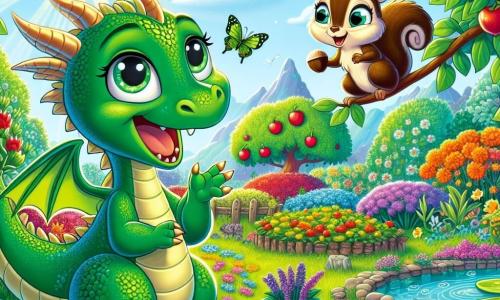 Finzi, o mică dragon verde cu solzi strălucitori și aripi sclipitoare, este plină de curiozitate și entuziasm. Se află în mijlocul unei grădini minunate, înconjurată de flori strălucitoare și legume colorate, cu un zâmbet mare pe față. Aproape, Zuri, o veveriță cu blană brună aurie și ochi strălucitori, se cațără agil pe un măr, ținând o alună în lăbuțele sale mici. Ea pare veselă și jucăușă, observând-o pe Finzi cu un privire complice. Peisajul este o grădină luxuriantă, cu pomi fructiferi plini de mere roșii și pere suculente, un mic iaz cu ape cristaline unde înoată broaște verzi, și fluturi multicolori care zboară în aer. Situația principală arată cum Finzi și Zuri discută despre cum pot colabora pentru a proteja grădina, înconjurate de frumusețea naturii, cu raze de soare filtrând prin frunze.