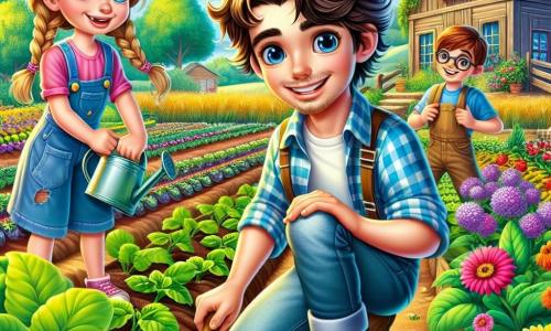 Lorenzo, un giovane uomo sorridente di circa 20 anni con capelli castani disordinati e occhi pieni di curiosità, è accovacciato nel suo giardino circondato da piante colorate. Indossa una camicia a quadri blu e pantaloni di tela, e tiene una piccola pala, pronto a piantare dei semi. Sofia, una ragazza di 10 anni con capelli biondi intrecciati, è accanto a lui con le mani sui fianchi e un grande sorriso, osservando attentamente Lorenzo. Marco, un ragazzo di 9 anni con occhiali e capelli castani, è dietro di loro con un annaffiatoio, pronto ad aiutare ad annaffiare le piante. La scena si svolge in un giardino vibrante della fattoria di Lorenzo, con file di ortaggi verdi, fiori brillanti e un cielo blu chiaro punteggiato da nuvole bianche. La situazione principale mostra Lorenzo e i suoi amici che lavorano insieme nel giardino, condividendo risate e momenti di complicità, illustrando lo spirito di squadra e la gioia di coltivare la terra.
