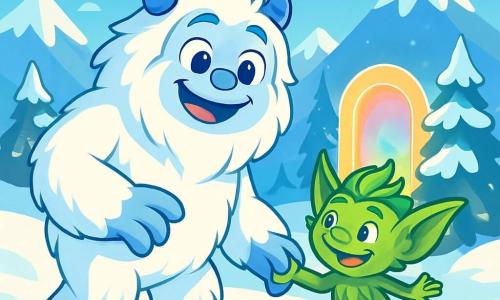 Ein freundlicher Yeti namens Lumo, mit weichem, schneeweißem Fell, steht in der Mitte des Bildes und lächelt mit strahlenden, neugierigen Augen. Er streckt die Hand nach einem kleinen grünen Kobold namens Flix aus, der ein schelmisches Gesicht und große, spitze Ohren hat. Flix, mit zerzaustem Fell und kleinem Körper, springt fröhlich neben Lumo, seine Augen funkeln vor Schalk. Im Hintergrund erstreckt sich eine wunderschöne Landschaft mit schneebedeckten Bergen, glitzernden Tannen und einem hellblauen Himmel, der mit sanften Wolken gesprenkelt ist. In der Ferne strahlt eine leuchtende, durchsichtige Tür in bunten Farben und zieht die Aufmerksamkeit der Charaktere auf sich. Die Szene zeigt Lumo und Flix, die bereit sind, gemeinsam die geheimnisvolle Tür zu erkunden, und verdeutlicht ihre Freundschaft und Abenteuerlust in einer fantastischen Welt.