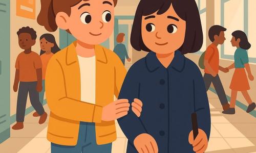 Inés, niña de 12 años, rostro expresivo y tierno, sonrisa calmada, pelo castaño en una pequeña coleta, con chaqueta mostaza y vaqueros, camina sujetando el brazo de Sara; Sara, también de unos 12 años, expresión tímida pero aliviada, pelo negro a la altura de la mandíbula, abrigo azul marino, sostiene un bastón blanco en la mano derecha y sigue a Inés ligeramente a su izquierda. En el fondo, siluetas simplificadas de alumnos (11–13 años), algunos mirando y otros apresurados; dos alumnos conversan difuminados para sugerir movimiento. Pasillo escolar con suelo de baldosas claras, taquillas en verde pálido y azul, carteles en las paredes, luz suave desde grandes ventanas a la derecha y perspectiva lineal que guía la vista. Escena centrada que muestra a Inés acompañando a Sara con un gesto protector y natural, ambiente cálido y reconfortante, colores vivos pero suaves, contornos nítidos y formas sencillas que expresan solidaridad e inclusión.