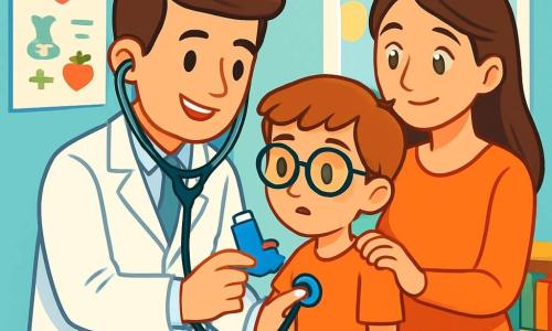 Un hombre, el doctor Mateo, está examinando a un niño, Samuel, en su consultorio médico. Mateo tiene el cabello castaño, lleva una bata blanca impecable y una sonrisa tranquilizadora. Sus ojos brillan de empatía mientras escucha el corazón de Samuel con un estetoscopio. Samuel, un niño de ocho años, tiene el cabello castaño y gafas redondas. Está sentado en la mesa de examen, un poco inquieto pero aliviado, mientras su madre, una mujer de unos treinta años con cabello largo y castaño, se encuentra a su lado, mirándolo con ternura. El consultorio es luminoso, con paredes pintadas de azul claro y carteles coloridos sobre la salud infantil. Una estantería está llena de juguetes y libros, y una ventana deja entrar la luz del sol, iluminando la escena. La situación principal muestra al doctor Mateo tranquilizando a Samuel, explicándole calmadamente cómo usar un inhalador, mientras la madre escucha atentamente, aliviada de ver a su hijo sentirse mejor.