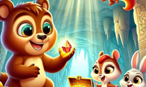 En el centro de la imagen, Beto, un oso marrón con ojos brillantes y una amplia sonrisa, sostiene una pequeña piedra brillante en sus patas delanteras, mostrando una expresión de curiosidad y emoción. A su derecha, Sofía, una pequeña ardilla de pelo rojizo y ojos vivos, salta de alegría, con sus patitas levantadas, mientras mira el tesoro con asombro. A la izquierda, Tito, un conejo blanco de grandes orejas, está agachado, sosteniendo un trozo de papel con un dibujo de un mapa, con una expresión concentrada y decidida. El escenario se ubica dentro de una cueva misteriosa, con paredes adornadas con dibujos antiguos y estalactitas brillando como diamantes sobre ellos. Rayos de luz filtran a través de las grietas, iluminando el suelo cubierto de piedras de colores. La situación principal muestra a Beto y sus amigos descubriendo un pequeño cofre de madera, rodeado de piedras preciosas, mientras se dan cuenta de que el verdadero tesoro es su amistad y las aventuras que comparten juntos.