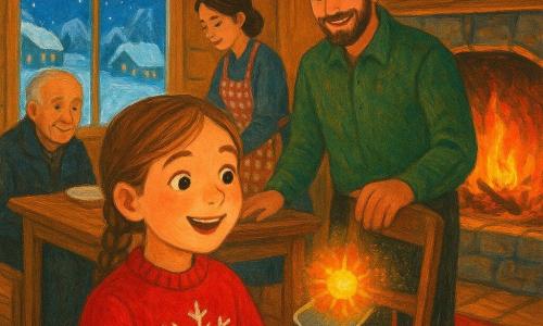 An 8-year-old girl with light brown braided hair and rosy cheeks, wearing a red snowflake sweater, carries a small metal shovel holding a glowing orange-yellow ember like a tiny sun toward a family table; nearby a smiling bearded father in a green wool shirt stands by the fireplace with his hands on a chair, the mother in a checked apron sets a plate on a wooden table while warm light falls on her hands, and Mr. Thompson, an elderly gray-haired man in a heavy coat, sits to her left with a grateful, wrinkled face; the rustic kitchen-living room has light wood walls, a large stone fireplace with golden flames, a red wool rug, and a frosted window showing a snowy village and pale stars, with warm firelight contrasting the cold white snow and visible textures of wood grain, knitted wool, and ember sparks.