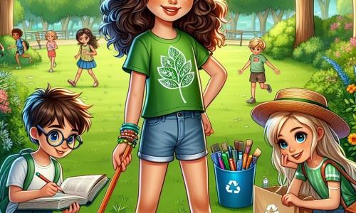 Una ragazza di 12 anni, Emma, si trova al centro dell'immagine, con capelli ricci castani e occhi scintillanti di determinazione. Indossa una maglietta verde con un motivo a foglia e un pantaloncino di jeans, mentre tiene un grande cartello colorato con scritto "Proteggiamo il nostro pianeta!" Il suo sorriso radioso mostra il suo entusiasmo per l'ecologia. Alla sua destra, Marco, un ragazzo di 11 anni con capelli biondi e occhiali rotondi, sta disegnando un piano del loro progetto su un quaderno, apparendo concentrato ed entusiasta. Alla sua sinistra, Sara, una ragazza di 12 anni con capelli lunghi e lisci, indossa un cappello di paglia e tiene un sacco per il riciclo, guardando Emma con ammirazione. Il luogo è un parco verde, pieno di alberi maestosi e fiori colorati, con bambini che giocano in lontananza e uccelli che cantano. La scena principale mostra Emma e i suoi amici mentre preparano una giornata di pulizia del parco, circondati da sacchi della spazzatura e materiale per il riciclo, determinati a rendere il loro quartiere più pulito e a sensibilizzare gli altri sull'importanza dell'ecologia.