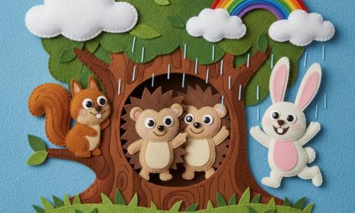 A brave, smiling hedgehog with round bright eyes and light brown-and-cream felt quills holds one paw up as if pointing the way; Sally the squirrel, with russet felt fur, perches on a left branch looking fondly at him; Benny the rabbit, with long white felt ears and a pink belly, jumps joyfully to the right with paws in the air and a wide smile; they are under a large round tree with a cozy hollow, brown felt bark, layered green grass and small appliqué flowers, beneath a soft sky with cotton clouds and a simple post-rain rainbow; the three friends are gathered in the hollow sheltered from the rain, sharing a warm, reassuring atmosphere with visible companionship, warm colors and simple contrasts suited for toddlers.