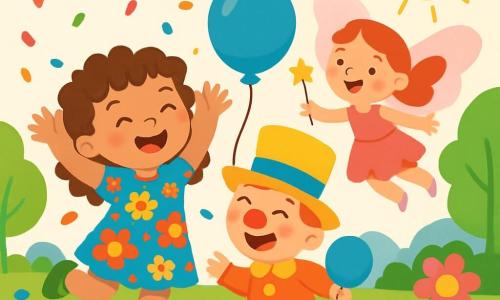 Una bambina di 2 anni, Lila, con capelli ricci e un grande sorriso, indossa un vestito colorato a fiori. Sta saltando di gioia, circondata da coriandoli multicolori. Accanto a lei, un bambino di 3 anni, un clown con un naso rosso e un grande cappello, ride tenendo un pallone blu. Più in là, una piccola fata con ali rosa scintillanti e una bacchetta magica brilla al sole, sorridendo e alzando le braccia. La scena si svolge in un parco vibrante, pieno di fiori di carta e festoni colorati, con un cielo blu e soleggiato che crea un'atmosfera festosa. Lila, il clown e la fata stanno celebrando il carnevale, cercando un tesoro nascosto mentre si divertono e ballano tra colori vivaci.