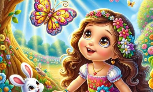 Una ragazza di 8 anni, Sofia, con lunghi capelli ricci e occhi pieni di curiosità, si trova al centro di un giardino incantato. Indossa un vestito colorato decorato con fiori e sorride, piena di meraviglia, mentre guarda un magnifico albero di mele scintillanti. Accanto a lei, una piccola farfalla colorata, con ali dai motivi vivaci, vola gioiosamente intorno, incoraggiandola con un'espressione amichevole. Un coniglietto bianco, dalle grandi orecchie, si nasconde dietro un cespuglio fiorito, osservando Sofia con occhi tondi e curiosi, pronto a seguirla nelle sue avventure. Il giardino è un luogo magico, pieno di fiori dai colori vivaci, tronchi d'albero dorati e un arcobaleno brillante che si estende nel cielo azzurro. I raggi di sole filtrano tra le foglie, creando un'atmosfera calda e accogliente. Sofia, meravigliata, si prepara a raccogliere una mela magica, simbolo della sua avventura imminente, mentre si prepara ad affrontare le sfide che il giardino le riserva.