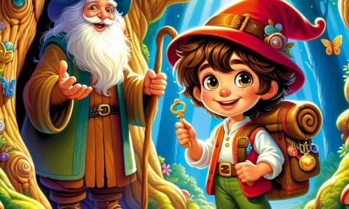 Un ragazzo di 6 anni, Marco, con occhi scintillanti di curiosità e capelli castani arruffati, si trova davanti a una grande porta di legno di un albero antico. Indossa un bel cappellino rosso e uno zaino pieno di oggetti magici. Il suo viso esprime eccitazione e meraviglia, mentre tiene in mano una piccola chiave dorata. Accanto a lui, un vecchio marinaio di nome Pietro, di circa 70 anni, con una lunga barba bianca e un cappello blu decorato con conchiglie, sorride indicandogli la direzione del tesoro. Si appoggia su un bastone di legno, con uno sguardo benevolo. Il luogo è una foresta incantata, con alberi maestosi dai tronchi nodosi, foglie verdi brillanti e fiori colorati che danzano al vento. I raggi di sole filtrano attraverso il fogliame, creando ombre danzanti sul terreno coperto di muschio. La scena principale mostra Marco, pronto ad aprire la porta dell'albero magico, con un misto di eccitazione e attesa sul volto, mentre il marinaio lo incoraggia con un sorriso caloroso.