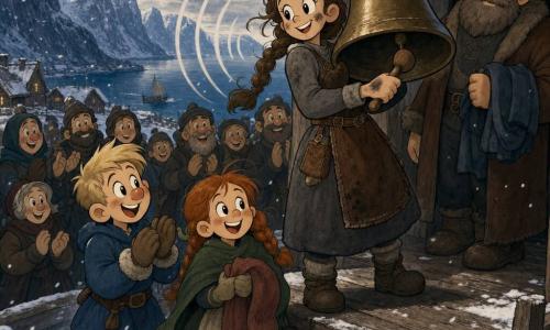 Sigrid, donna dal viso determinato e sorridente, mani e fronte segnate da fuliggine, capelli castani intrecciati, veste in lana grigia e grembiule di cuoio, tiene contro il petto la pesante campana di bronzo appena riparata e la tocca leggermente con un martelletto; Einar, ragazzo di circa 11 anni dal naso arrossato dal freddo e capelli biondi corti, applaude eccitato ai piedi della piccola pedana, Freya, bambina di circa 10 anni con treccia rossa e scialle verde, sorride tenendo una larga sciarpa accanto a Einar; Bjorn, uomo di circa 50 anni, barbuto con spalle larghe e cappotto scuro, osserva con mezzo sorriso appoggiato vicino al portico della bottega; scena in una piccola scuola di legno su una collina con tavole ruvide e neve sottile a terra, vista su un fiordo e montagne, palette fredda di blu e grigio con tocchi ocra e bronzo; momento subito dopo la riparazione: la campana suona una nota chiara visibile in onde disegnate, villaggio riunito, espressioni di gioia e sollievo, leggero vento che muove ciocche e fiocchi, atmosfera di comunità ritrovata.