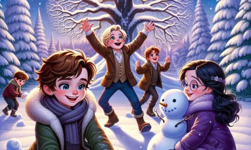 Quattro bambini si trovano sotto una grande quercia maestosa, coperta da un spesso manto di neve. Marco, un ragazzo dai capelli castani e dagli occhi scintillanti, sorride felicemente tenendo una palla di neve in mano. Accanto a lui, Giacomo, un ragazzo biondo con le guance rosa, guarda il cielo con meraviglia, le braccia aperte come se volesse afferrare i fiocchi. Elena, una ragazza dai lunghi capelli neri, vestita con un cappotto viola, si accovaccia per modellare un pupazzo di neve, concentrata e sorridente. Infine, Filippo, un ragazzo dai capelli castani e con gli occhiali, osserva attentamente un fiocco di neve sulla sua mano, affascinato dalla sua bellezza unica. Il luogo è un incantevole parco invernale, con alberi maestosi coperti di neve scintillante, fiocchi che cadono dolcemente dal cielo stellato, e un lago ghiacciato che riflette la luce della luna. I bambini esplorano cercando la magia dell'inverno e sperando di vedere la Fata delle Nevi, mentre la neve continua a cadere lentamente intorno a loro, creando un'atmosfera fiabesca e calorosa.