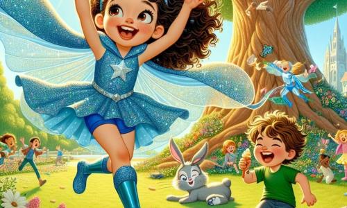 Una ragazza di 10 anni, Sofia, con i capelli castani e ricci, indossa un costume da supereroe blu scintillante con un mantello svolazzante. Sorride ampiamente, con gli occhi scintillanti di eccitazione, mentre salta gioiosamente in un giardino soleggiato. Accanto a lei, Marco, un ragazzo di 10 anni con i capelli biondi arruffati, indossa una maglietta verde e dei pantaloni corti, ridendo mentre tiene un cono gelato mangiato a metà. Si trovano vicino a un grande albero maestoso, circondati da fiori colorati e dalle risate di altri bambini in costumi vari. La scena rappresenta un momento di pura felicità, con Sofia e Marco che inseguono un coniglio magico che scappa, creando un'atmosfera gioiosa e ludica.